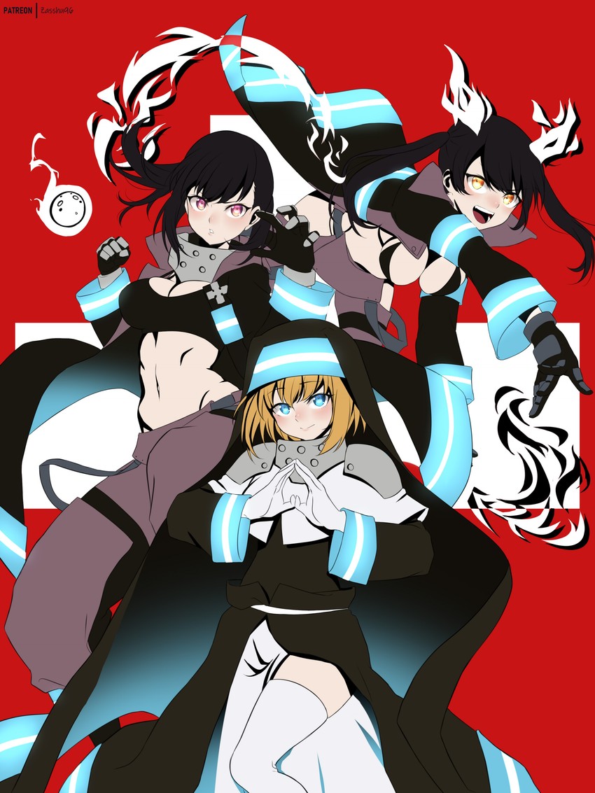 tamaki kotatsu, maki oze, and iris (en'en no shouboutai) drawn by zasshu