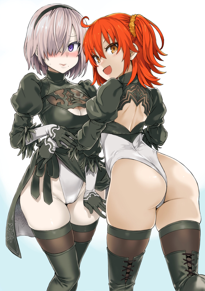 mash kyrielight, fujimaru ritsuka, and 2b (fate and 3 more) drawn by asanagi