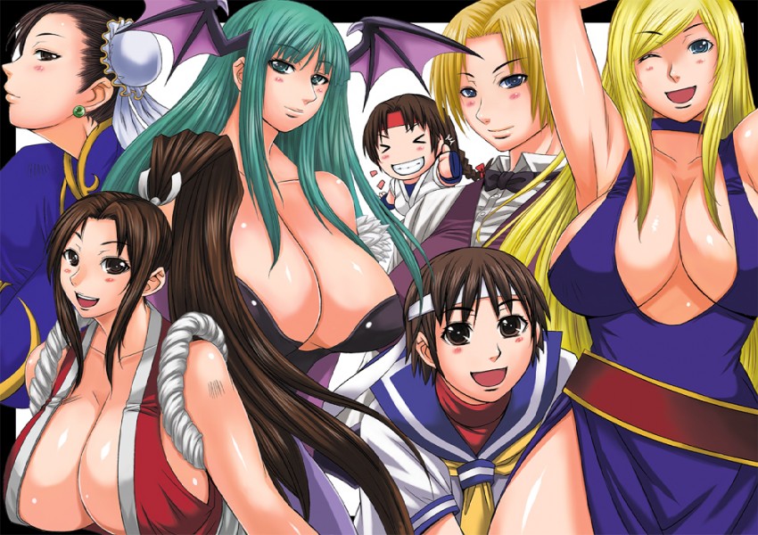 chun-li, morrigan aensland, shiranui mai, kasugano sakura, yuri sakazaki, and 2 more (street fighter and 5 more) drawn by kokuriu