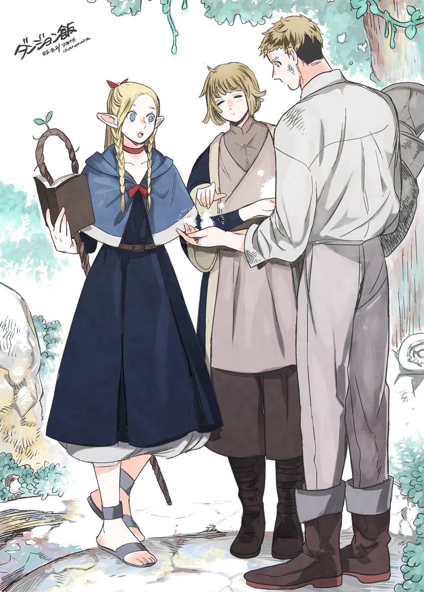 marcille donato, falin touden, laios touden, and walking mushroom (dungeon meshi) drawn by anenaka