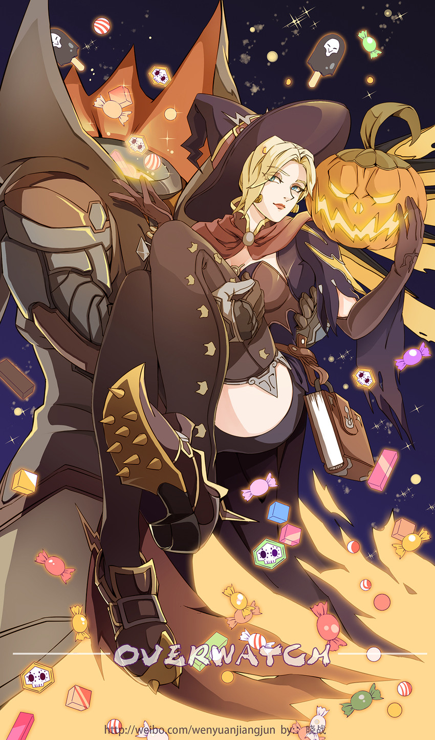mercy, reaper, witch mercy, and pumpkin reaper (overwatch and 1 more) drawn by xiaozhan