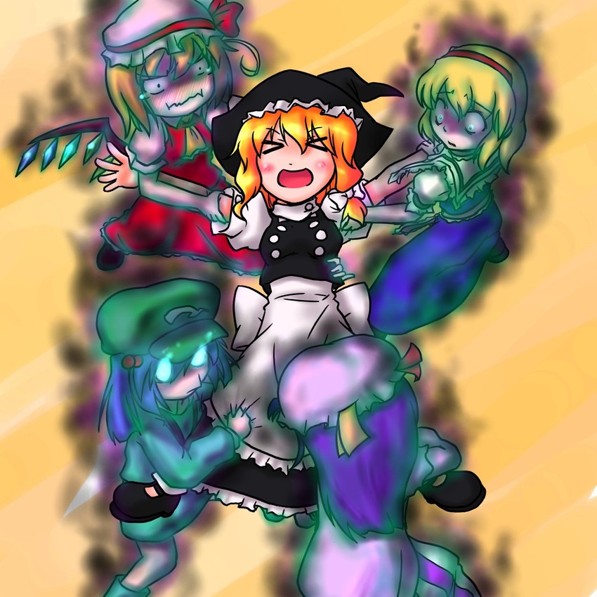 kirisame marisa, flandre scarlet, alice margatroid, patchouli knowledge, and kawashiro nitori (touhou) drawn by cinnamon_sabaku