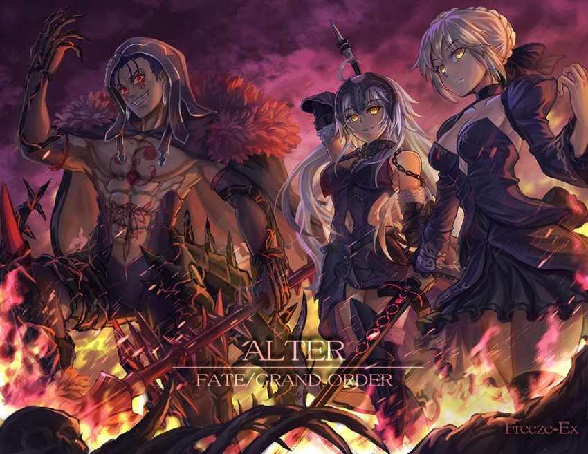 artoria pendragon, saber alter, cu chulainn, jeanne d'arc alter, and cu chulainn alter (fate and 1 more) drawn by freeze-ex