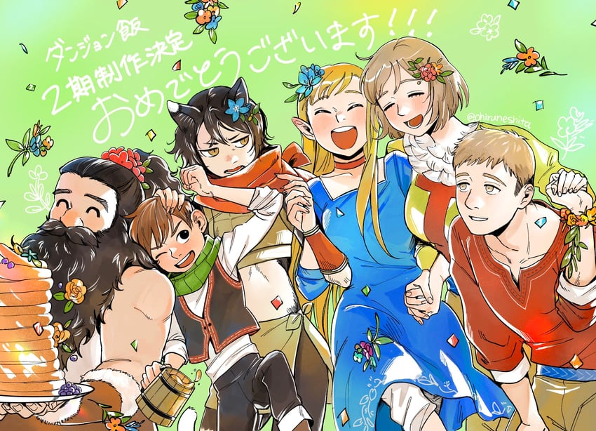 marcille donato, falin touden, laios touden, senshi, chilchuck tims, and 1 more (dungeon meshi) drawn by ohiruneshita