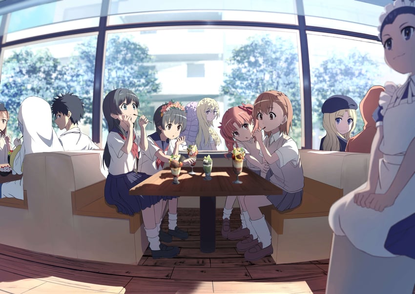 misaka mikoto, shirai kuroko, shokuhou misaki, kamijou touma, saten ruiko, and 7 more (toaru majutsu no index and 1 more) drawn by pension_z