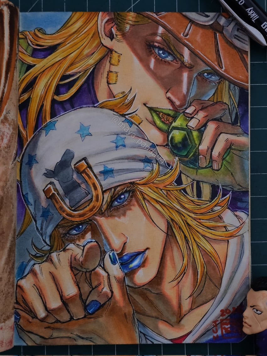 johnny joestar, gyro zeppeli, and nijimura okuyasu (jojo no kimyou na bouken and 2 more) drawn by maya_panda