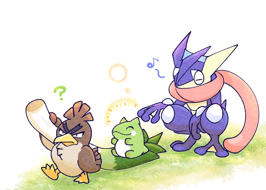 greninja and galarian farfetch'd (pokemon) drawn by shuri_(syurigame)