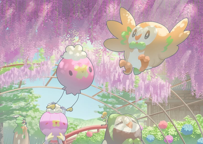 rowlet, drifloon, decidueye, drifblim, bellsprout, and 1 more (pokemon) drawn by mokukitusui