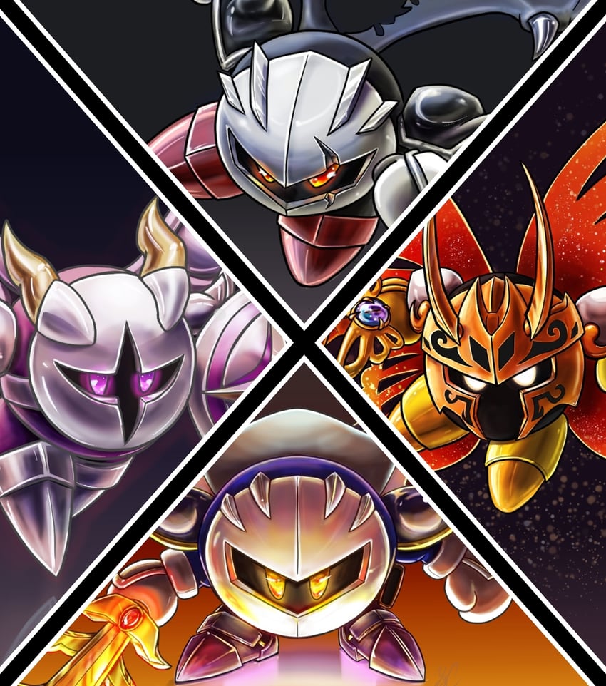 meta knight, morpho knight, galacta knight, and dark meta knight (kirby) drawn by westwing19
