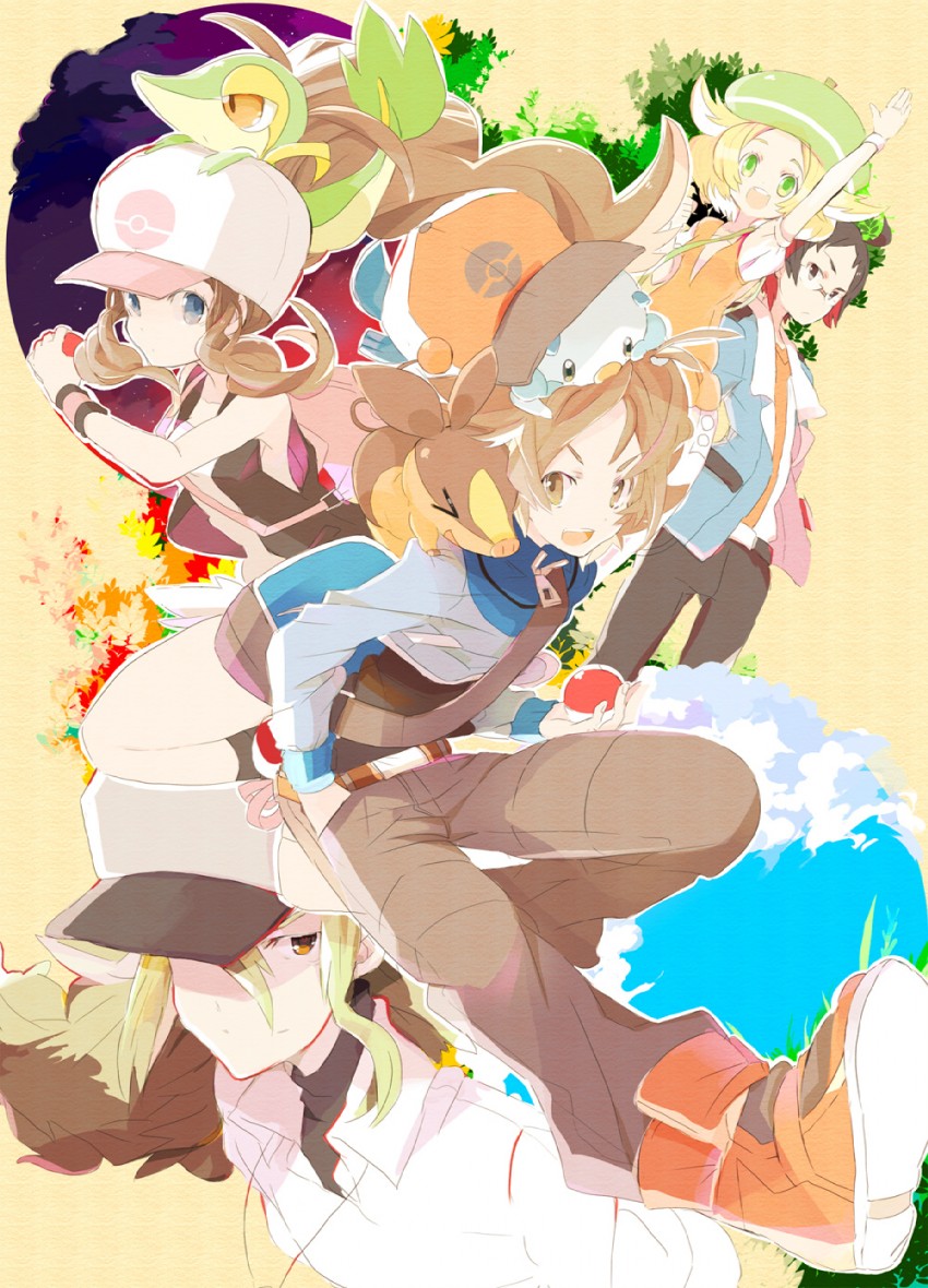 hilda, hilbert, n, oshawott, snivy, and 3 more (pokemon and 1 more) drawn by umehara