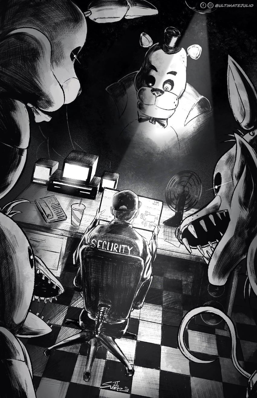 freddy fazbear, chica, foxy, bonnie, and mike schmidt (five nights at freddy's and 1 more) drawn by ultimatejulio
