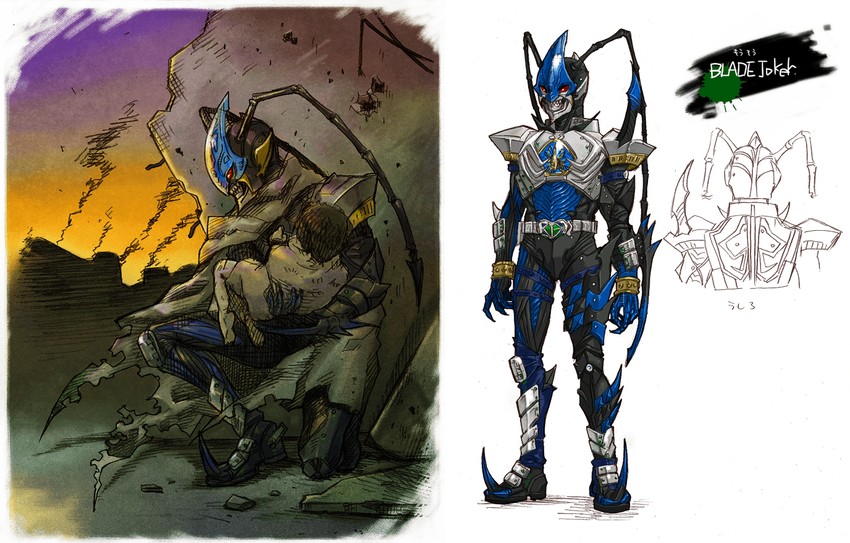 kamen rider blade, kenzaki kazuma, and navy joker (kamen rider and 1 more) drawn by moi_(yfvlibbl9i)
