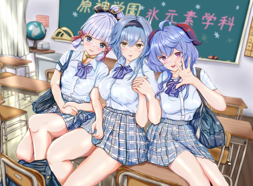 ganyu, kamisato ayaka, and eula (genshin impact) drawn by riteral