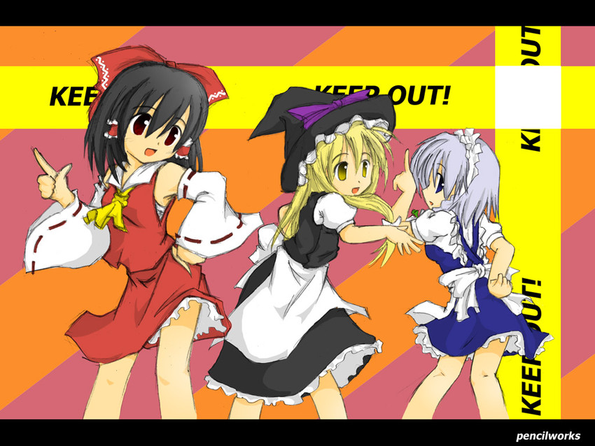 hakurei reimu, kirisame marisa, and izayoi sakuya (touhou and 2 more) drawn by pencilworks