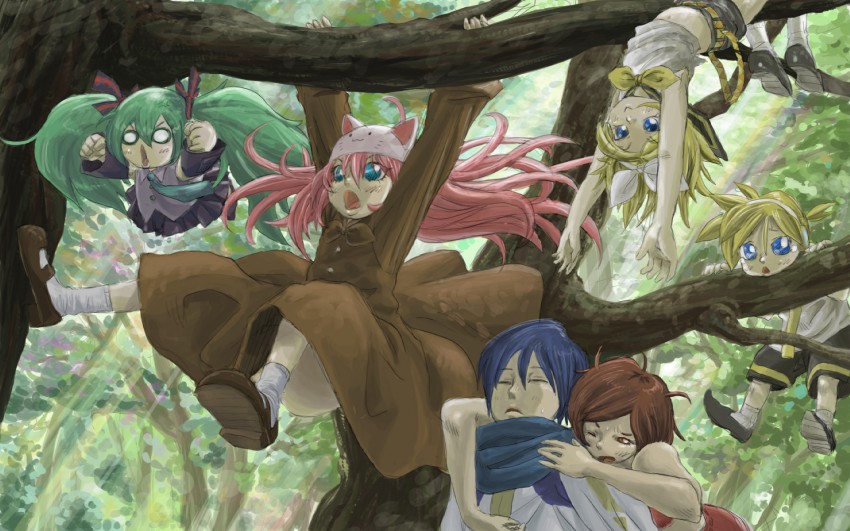 hatsune miku, kagamine rin, kagamine len, megurine luka, kaito, and 1 more (vocaloid and 1 more) drawn by bear_(qma)