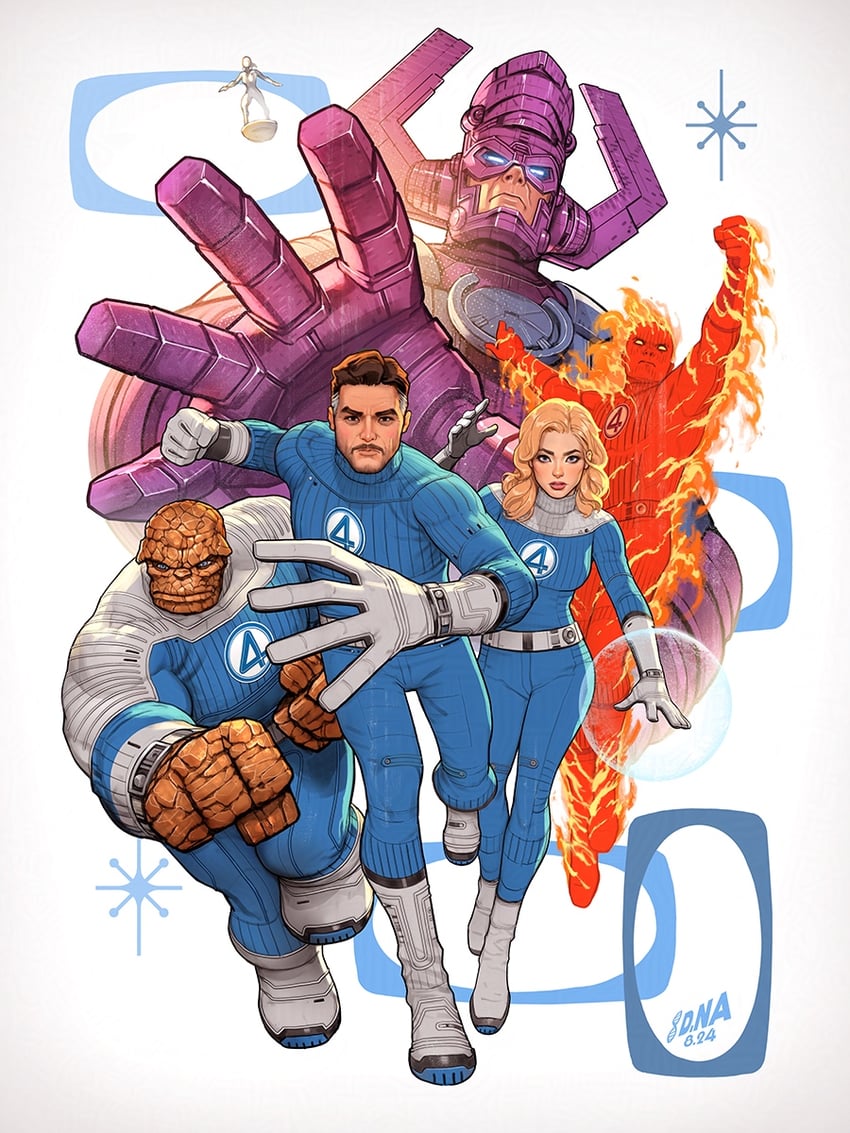 sue storm, reed richards, johnny storm, ben grimm, human torch, and 1 more (marvel and 3 more) drawn by david_nakayama