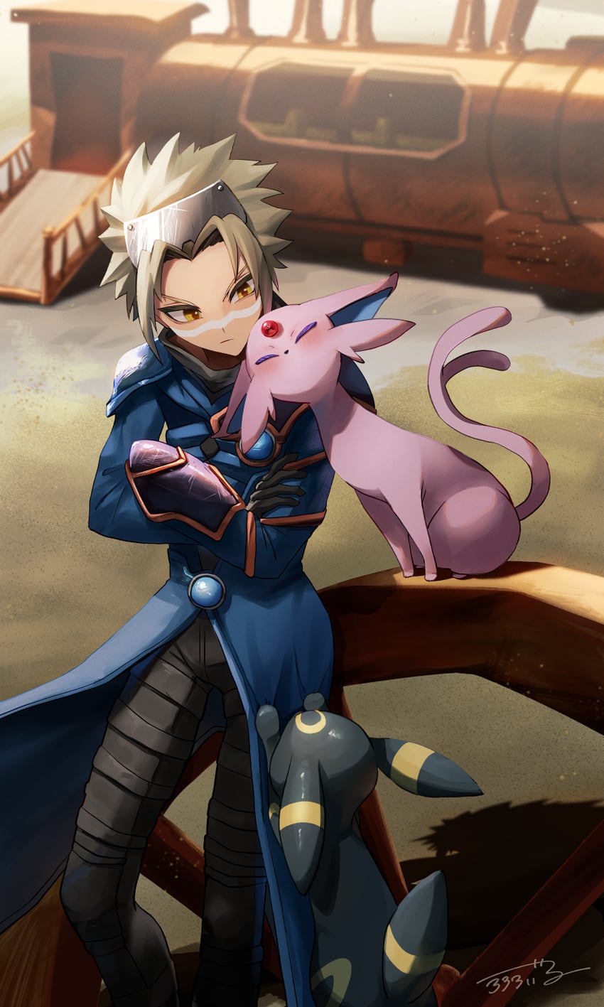 umbreon, espeon, and wes (pokemon and 1 more) drawn by loloroyal