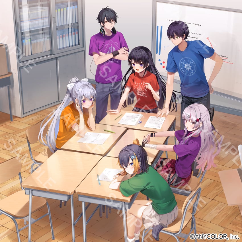 tsukino mito, higuchi kaede, kenmochi touya, petra gurin, ishigami nozomi, and 1 more (nijisanji and 1 more) drawn by kanda_done