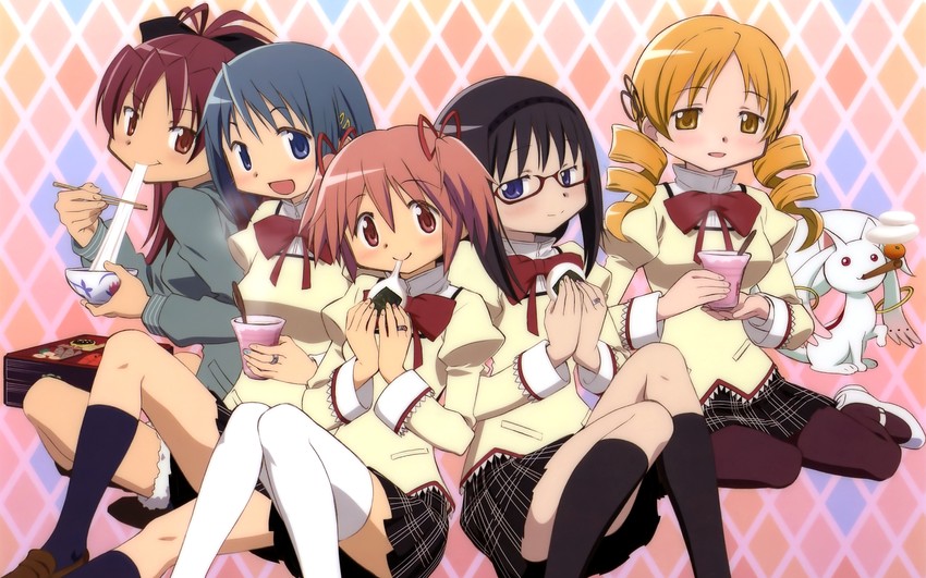 akemi homura, kaname madoka, miki sayaka, sakura kyoko, tomoe mami, and 1 more (mahou shoujo madoka magica) drawn by itou_yoshiaki
