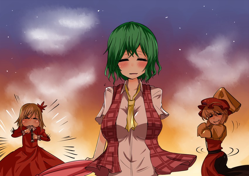 kazami yuuka, aki minoriko, and aki shizuha (touhou) drawn by takorice