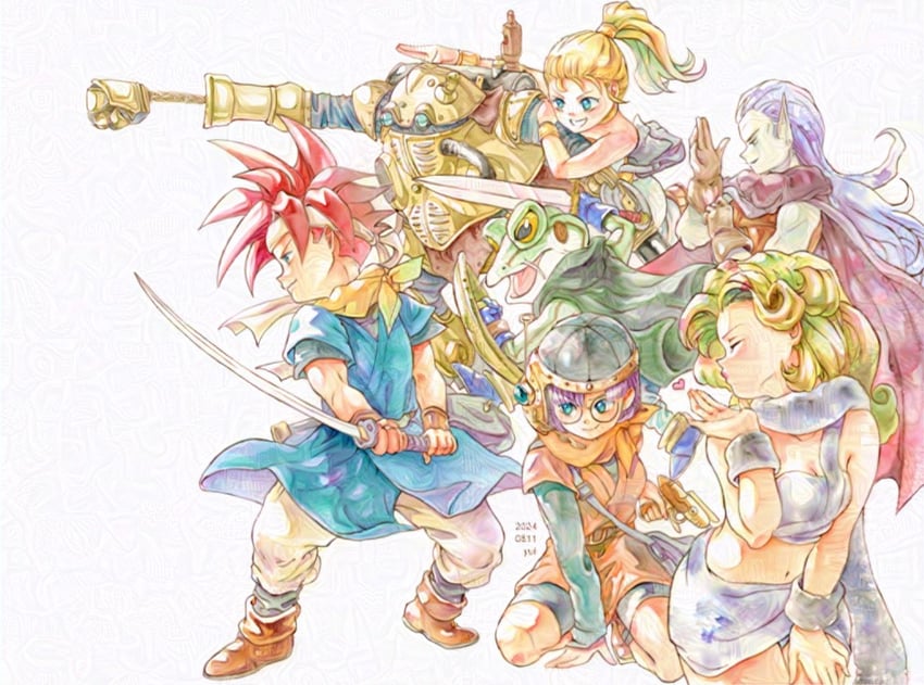 lucca ashtear, crono, marle, ayla, robo, and 2 more (chrono trigger) drawn by yui_norimaki
