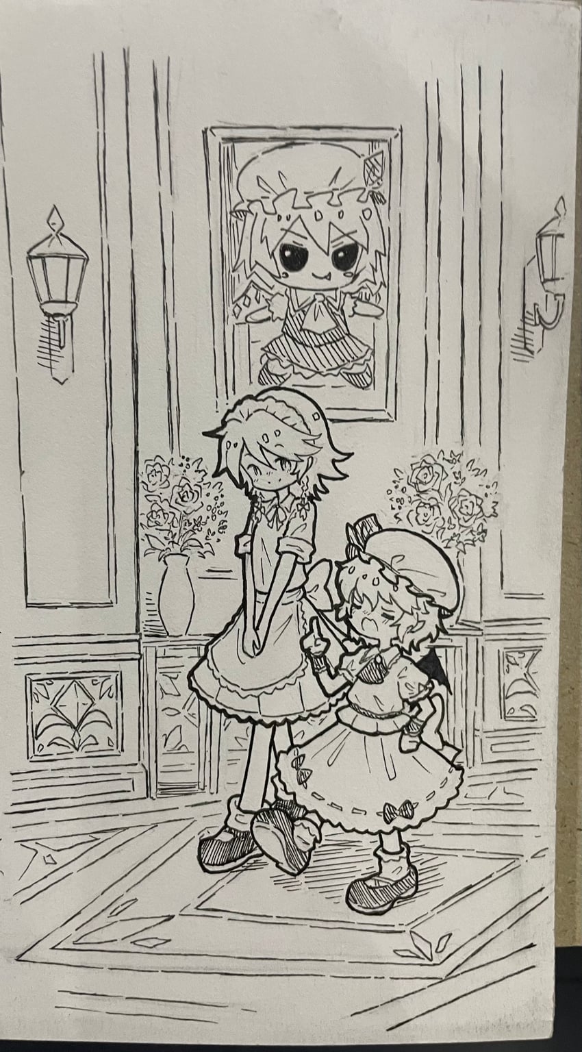 remilia scarlet, flandre scarlet, and izayoi sakuya (touhou) drawn by suteruko