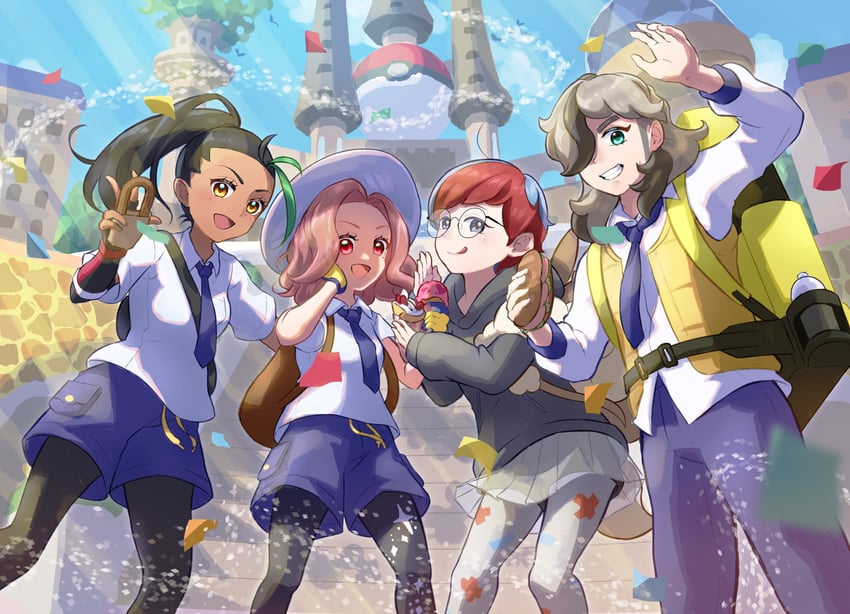 eevee, juliana, nemona, arven, and penny (pokemon and 1 more) drawn by kanon_(ta_sakurairo)