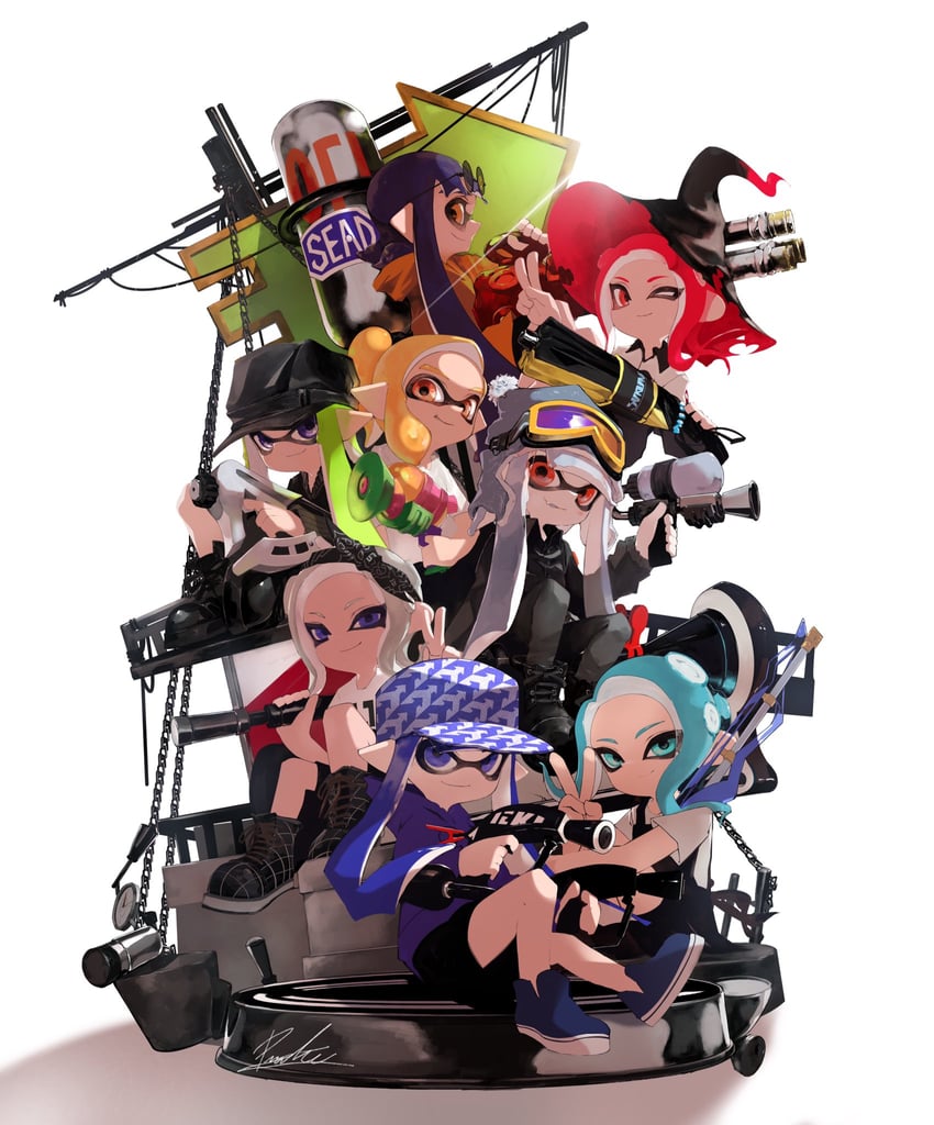 inkling player character, inkling girl, octoling player character, octoling girl, and inkling boy (splatoon and 1 more) drawn by mhxbump