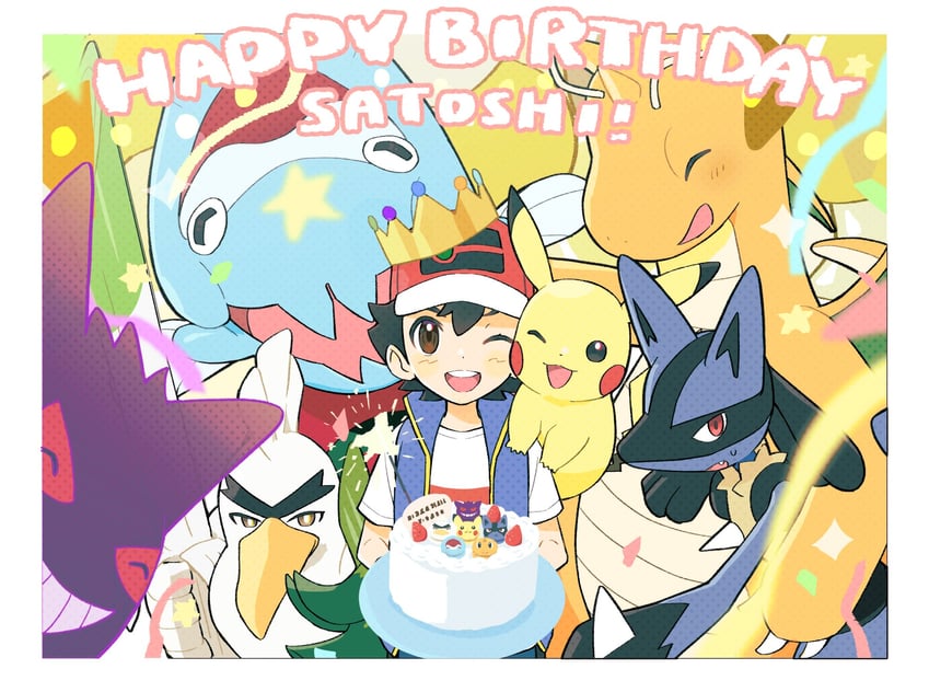 pikachu, ash ketchum, lucario, gengar, dragonite, and 2 more (pokemon and 1 more) drawn by minato_(mntnm)