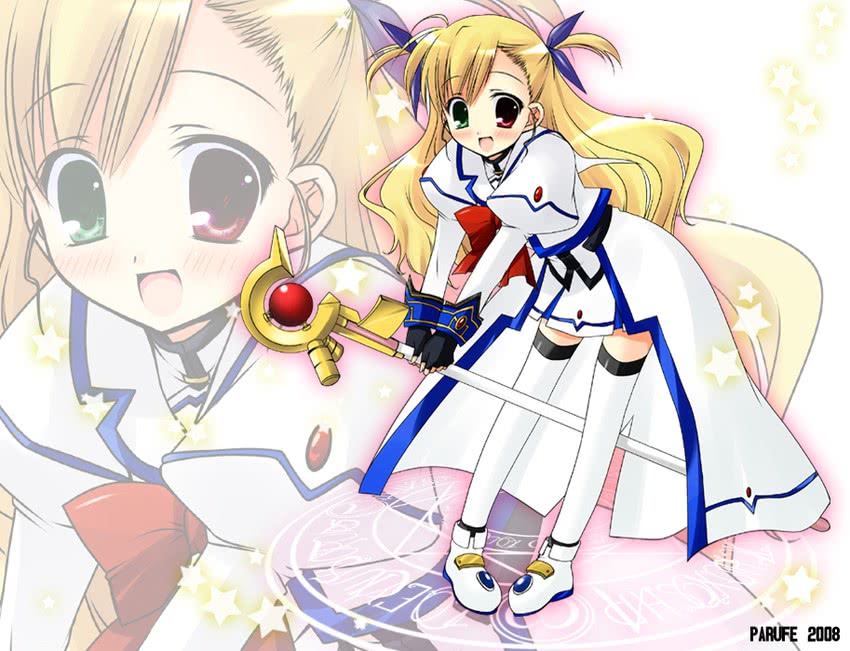 takamachi nanoha, raising heart, and vivio (lyrical nanoha and 1 more) drawn by hayashi_sakura
