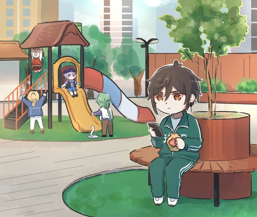 zhongli, klee, jean, qiqi, baizhu, and 1 more (genshin impact) drawn by xinzoruo