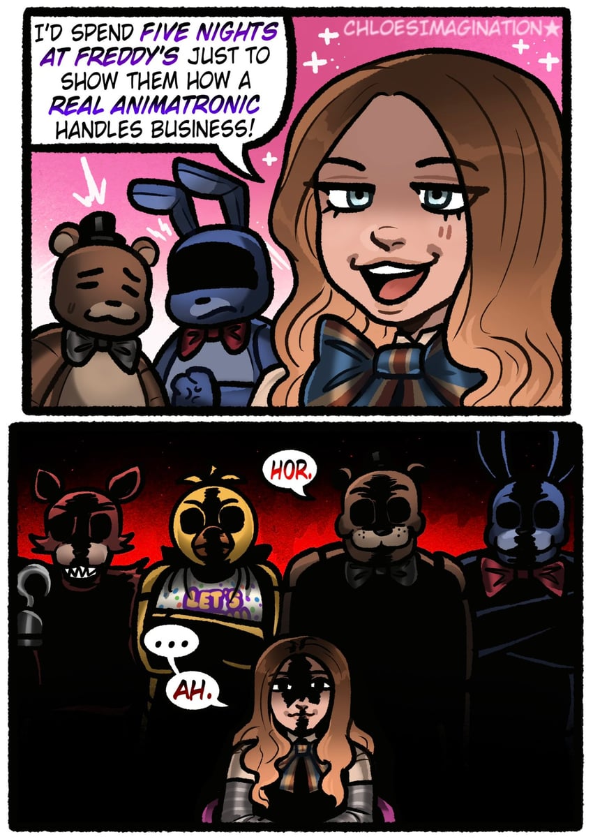 freddy fazbear, chica, bonnie, foxy, and m3gan (dc comics and 2 more) drawn by chloeimagine