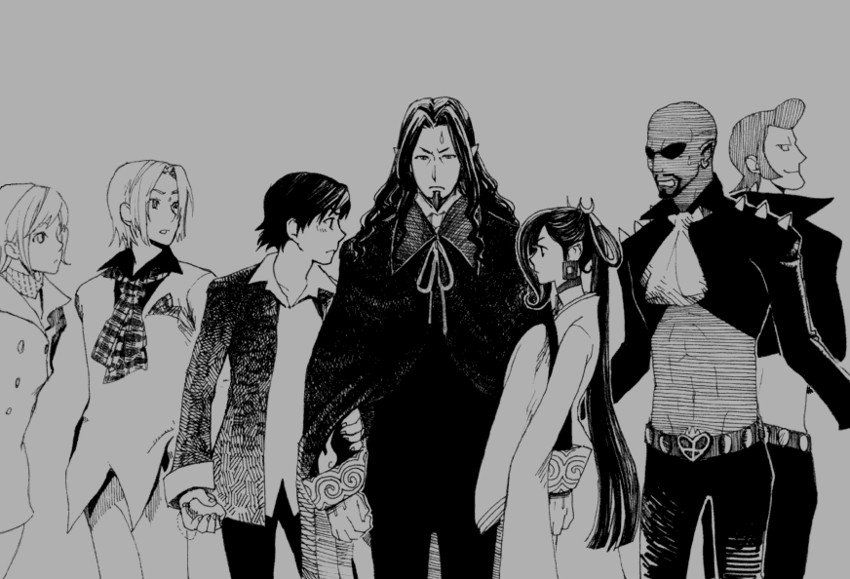 count of monte cristo, haydee, albert de morcerf, franz d'epinay, eugenie danglars, and 2 more (gankutsuou) drawn by hirose_(una_matita)