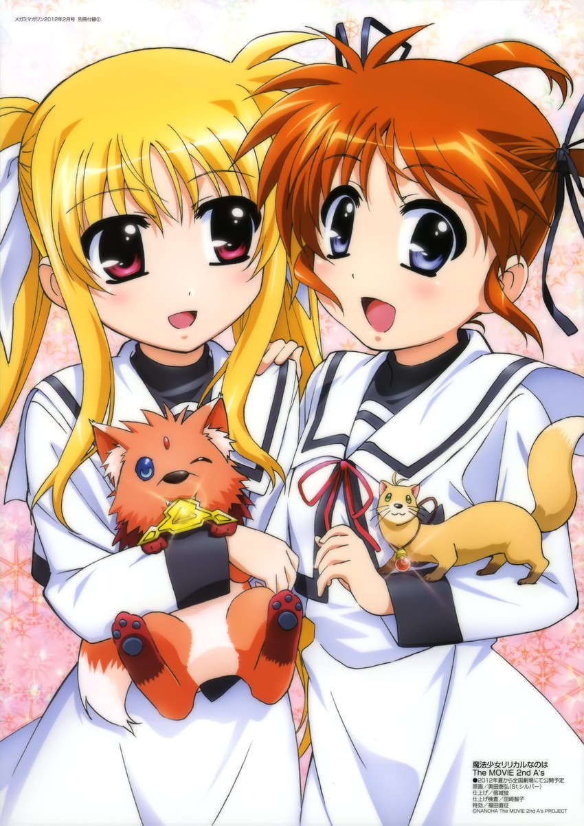 fate testarossa, takamachi nanoha, raising heart, bardiche, yuuno scrya, and 1 more (lyrical nanoha and 3 more) drawn by okuda_yasuhiro