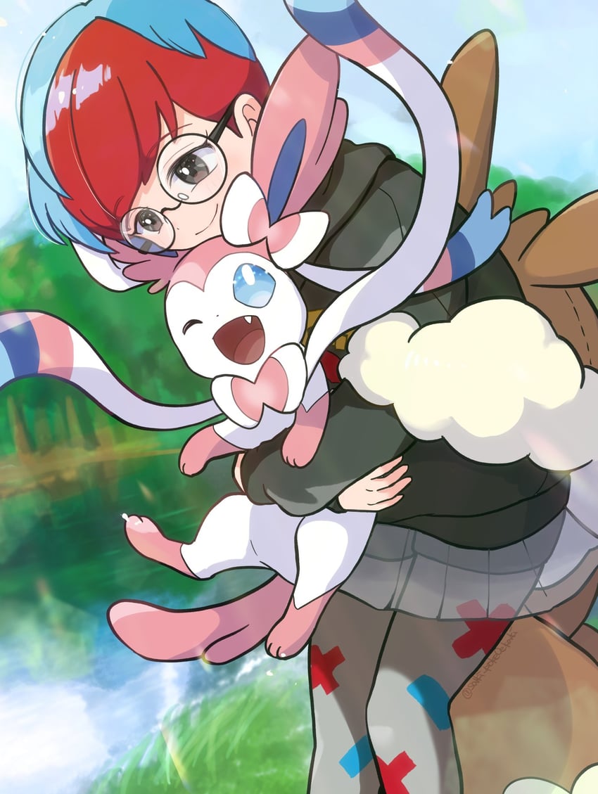 sylveon and penny (pokemon and 1 more) drawn by saki_pokeoekaki