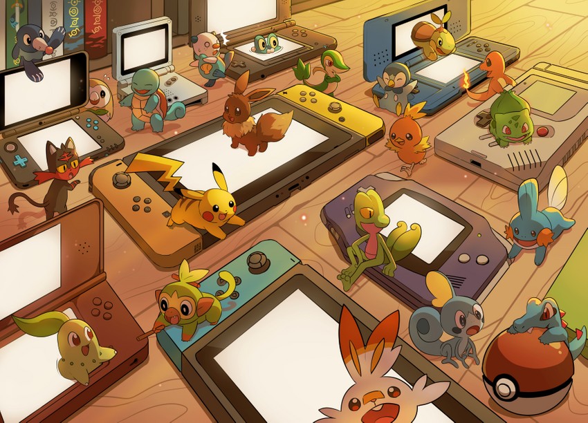 pikachu, eevee, rowlet, bulbasaur, scorbunny, and 24 more (pokemon) drawn by sei_(seiryuuden)