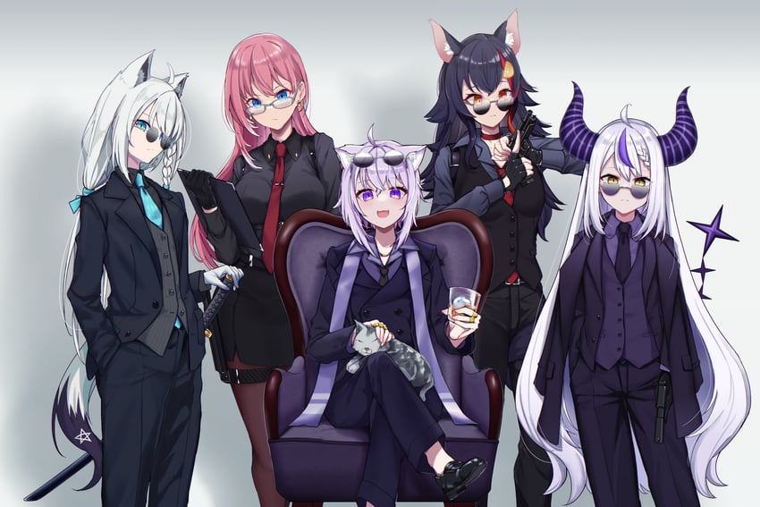 shirakami fubuki, nekomata okayu, ookami mio, la+ darknesss, and takane lui (hololive) drawn by shara_(syara_so_ju)