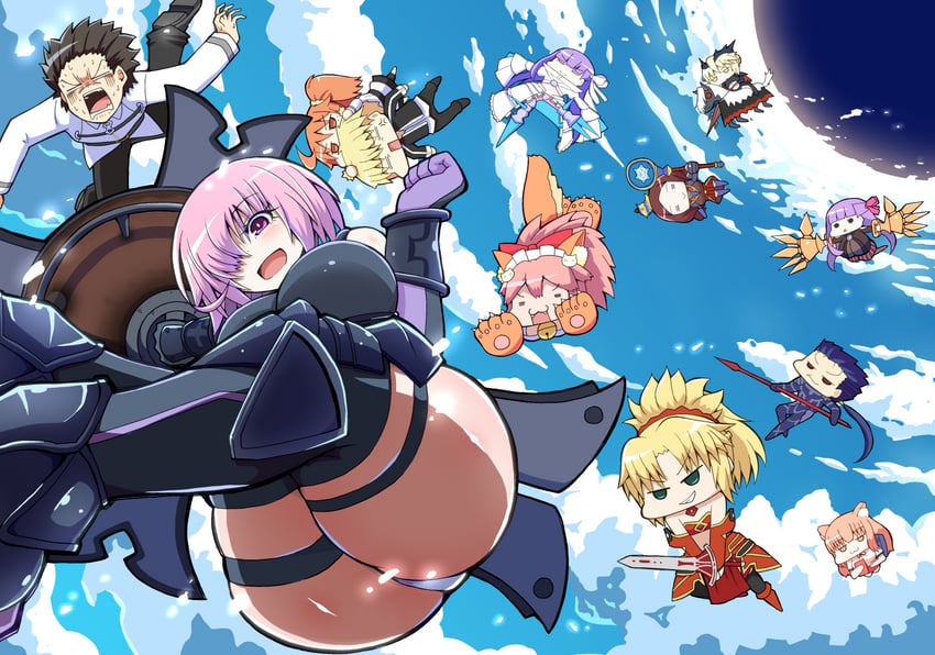 artoria pendragon, mash kyrielight, fujimaru ritsuka, tamamo, gilgamesh, and 7 more (fate and 1 more) drawn by pororokka_(macareo)