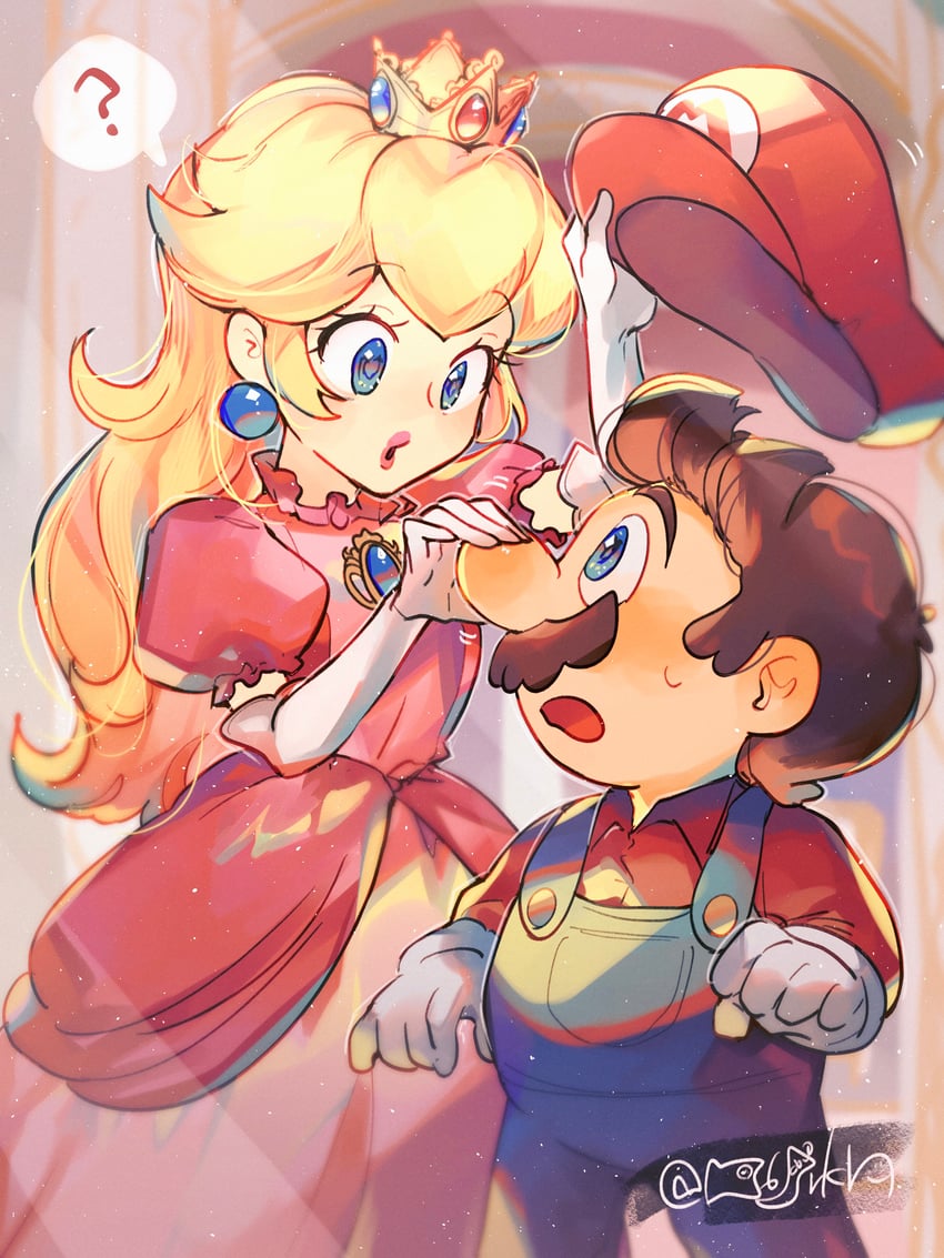 princess peach and mario (mario and 1 more) drawn by hanaon