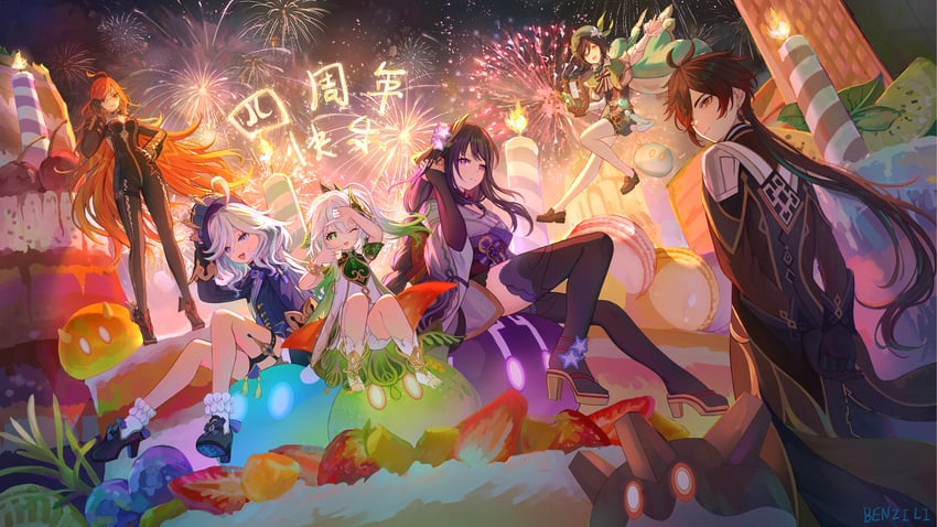 raiden shogun, furina, nahida, zhongli, venti, and 2 more (genshin impact) drawn by benzi_li