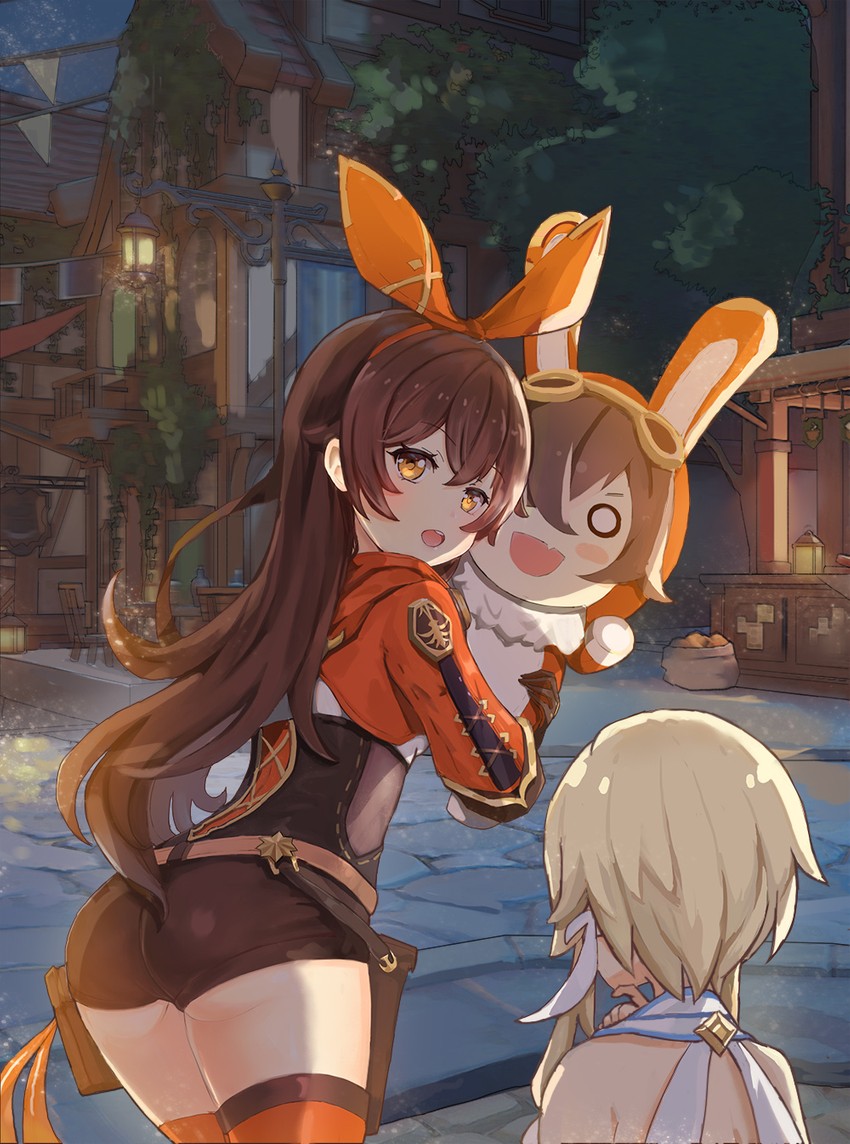 lumine, amber, and baron bunny (genshin impact) drawn by mix_(meini)