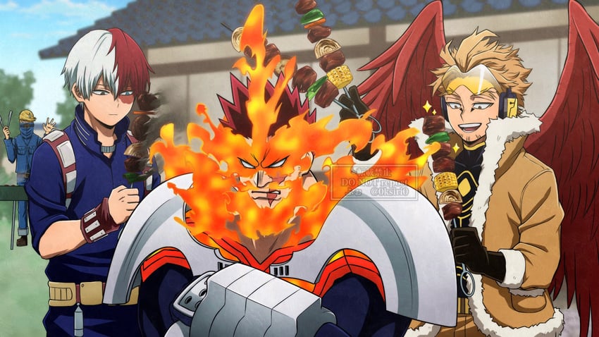 todoroki shoto, endeavor, hawks, and best jeanist (boku no hero academia) drawn by 0ksiri0
