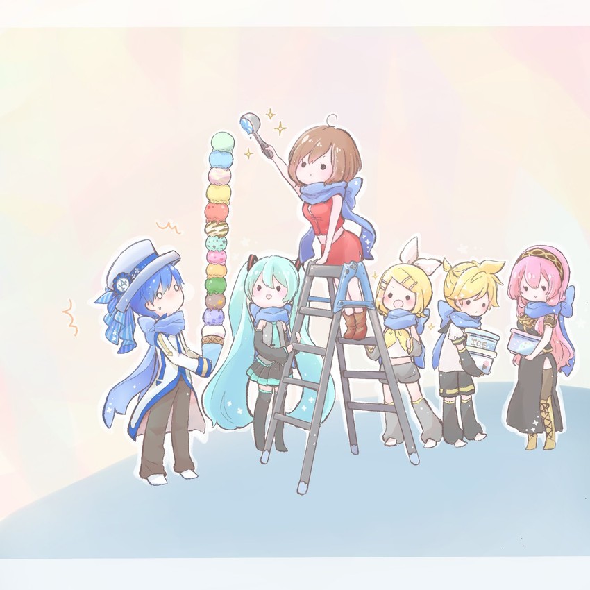 hatsune miku, kagamine rin, kagamine len, megurine luka, kaito, and 1 more (vocaloid) drawn by udoseku