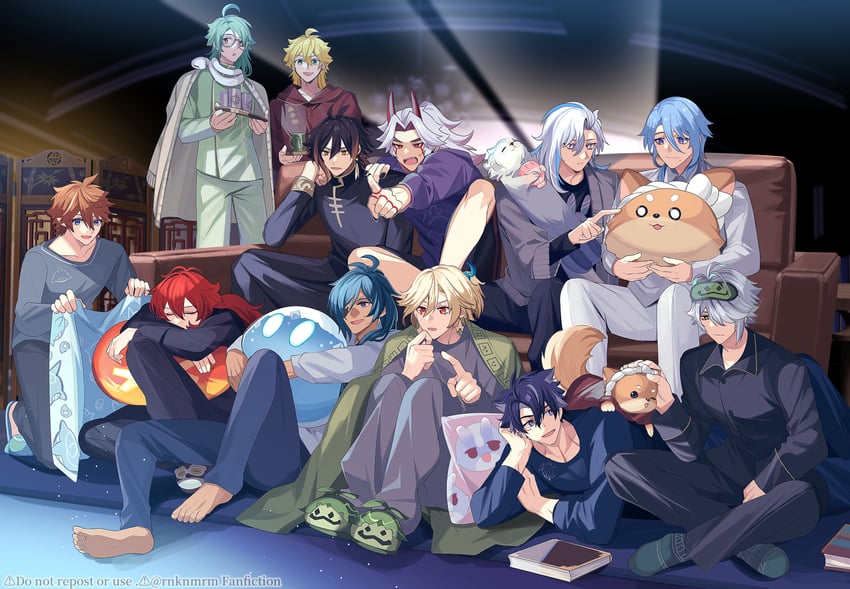 zhongli, tartaglia, diluc, alhaitham, kaeya, and 12 more (genshin impact) drawn by hiki_yuichi