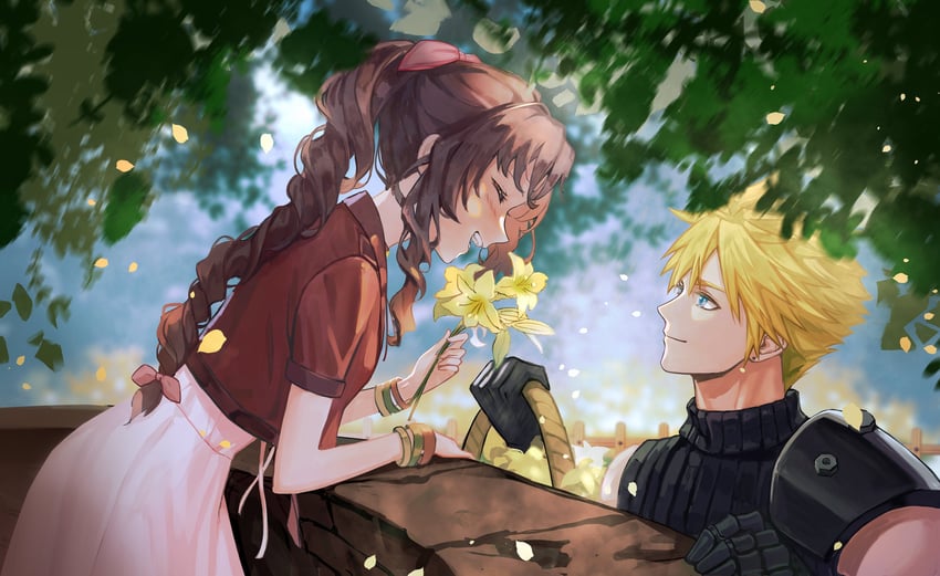 cloud strife and aerith gainsborough (final fantasy and 2 more) drawn by yaoko