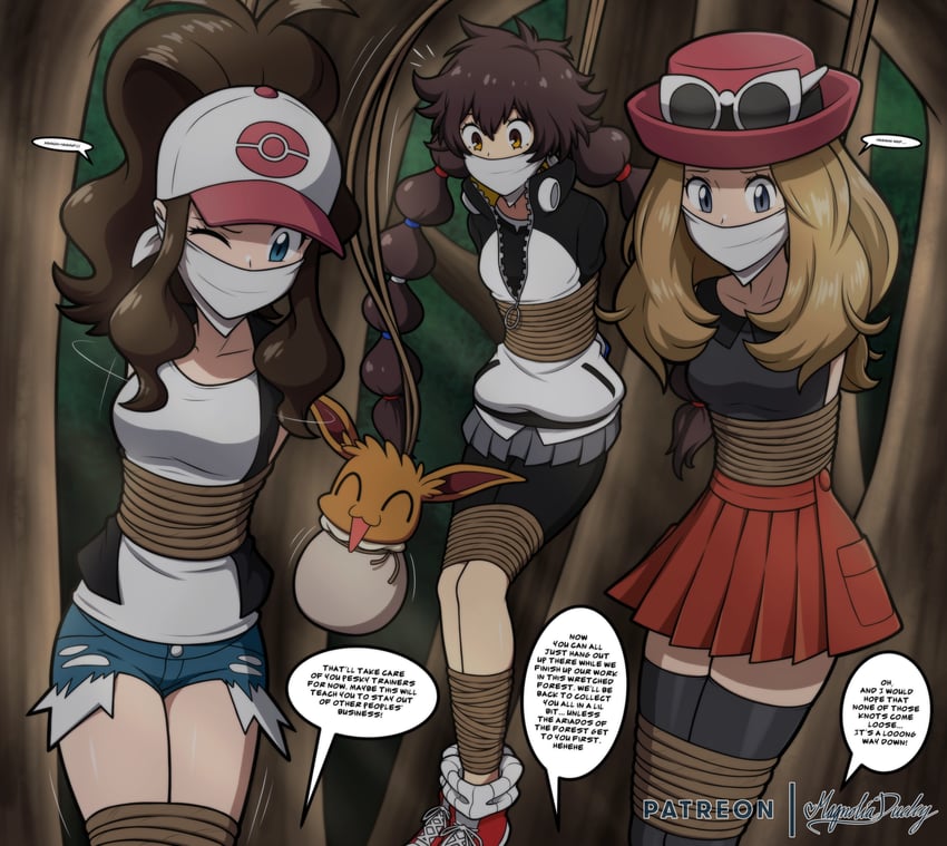 hilda, eevee, serena, and gotcha! girl (pokemon and 3 more) drawn by magnolia-baillon