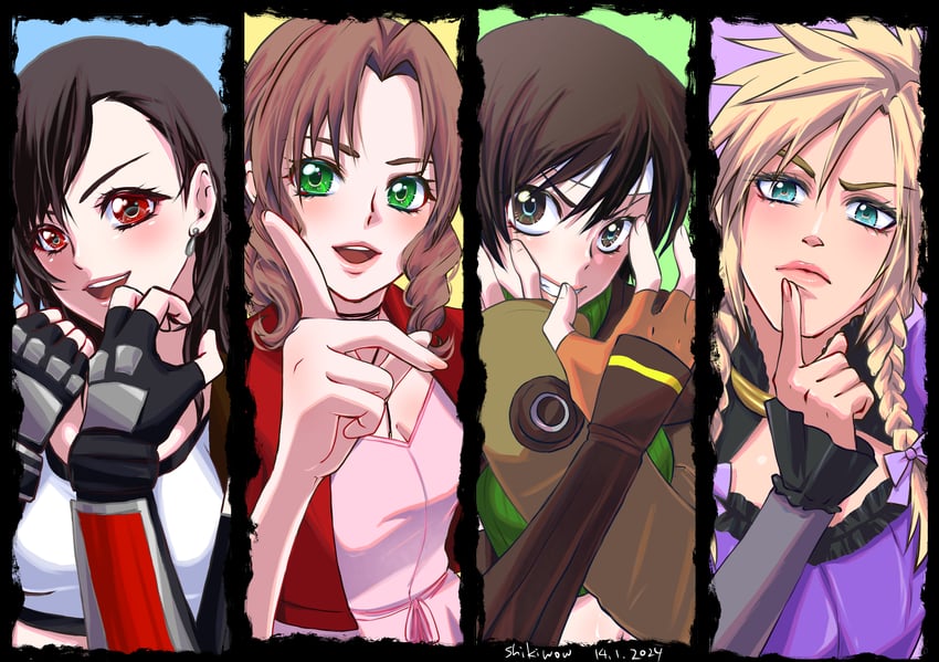 tifa lockhart, cloud strife, aerith gainsborough, and yuffie kisaragi (final fantasy and 2 more) drawn by shikiwo