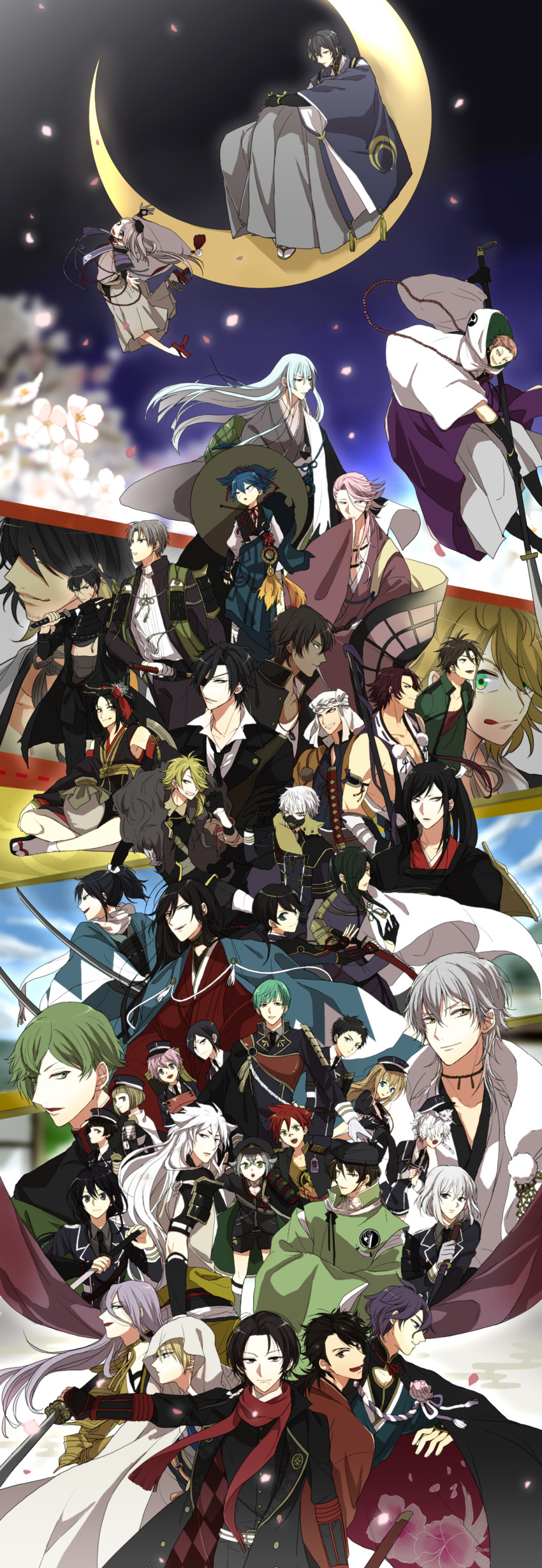 mikazuki munechika, kashuu kiyomitsu, yamato-no-kami yasusada, tsurumaru kuninaga, namazuo toushirou, and 41 more (touken ranbu) drawn by nao_(carrot-81)
