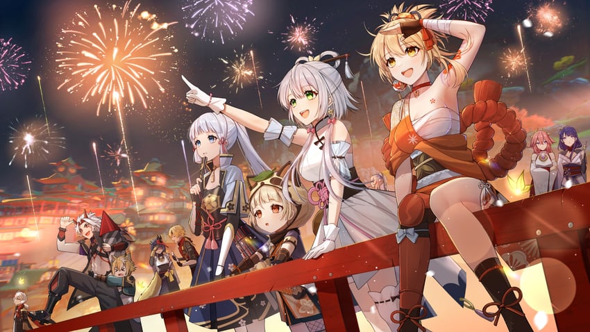 raiden shogun, yae miko, kamisato ayaka, sangonomiya kokomi, kaedehara kazuha, and 7 more (genshin impact and 2 more) drawn by yolanda