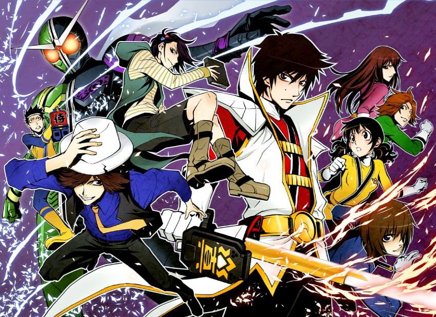 kamen rider double, hidari shoutarou, philip, hanaori kotoha, shinken red, and 10 more (kamen rider and 3 more) drawn by fujisawa_naoyuki